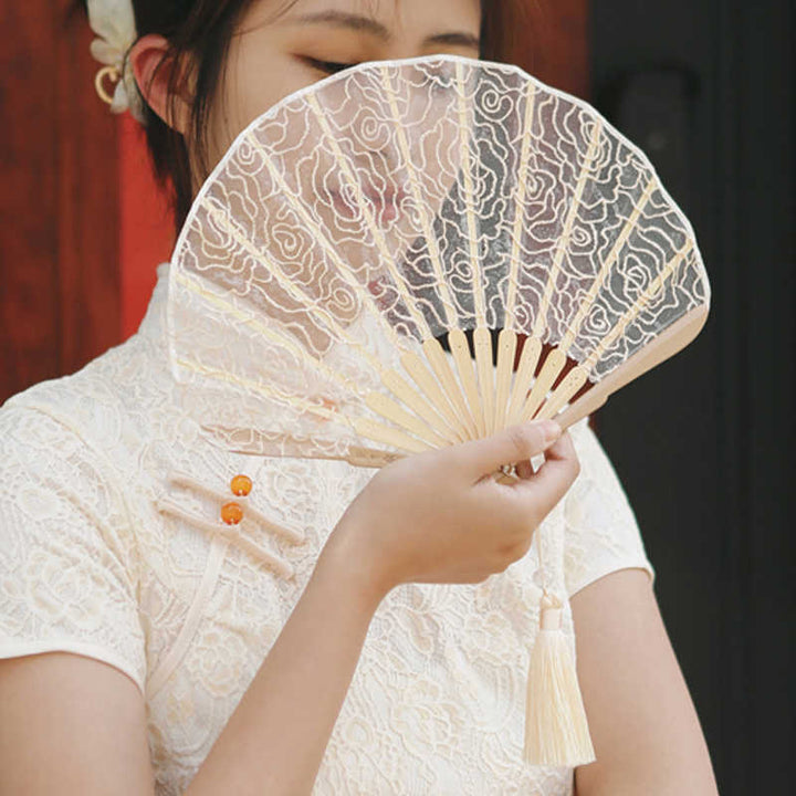 Buddha Stones Rose Embroidery Lace Shell Shape Tassels Handheld Bamboo Folding Fan - image 8