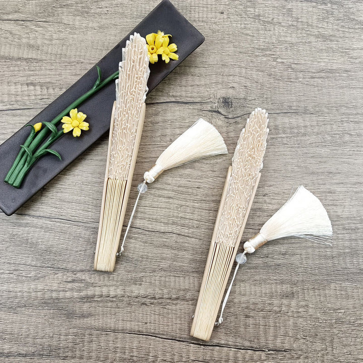 Buddha Stones Rose Embroidery Lace Shell Shape Tassels Handheld Bamboo Folding Fan - image 13