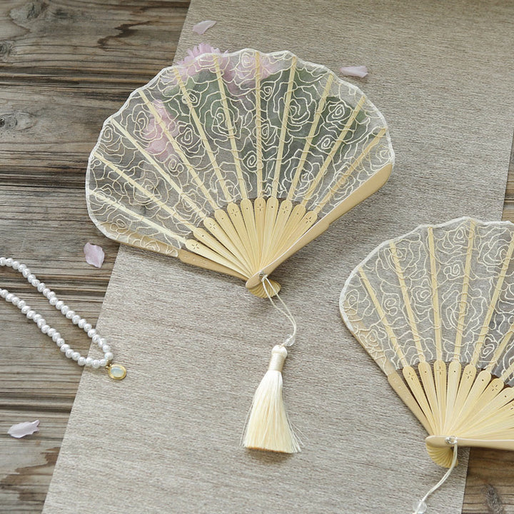 Buddha Stones Rose Embroidery Lace Shell Shape Tassels Handheld Bamboo Folding Fan - image 3
