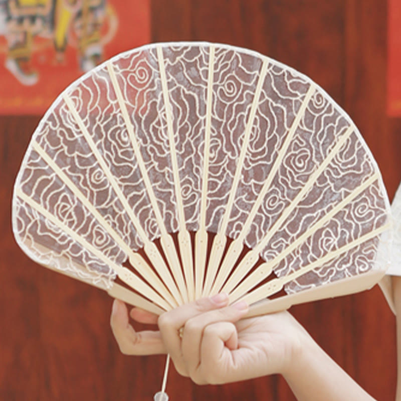 Buddha Stones Rose Embroidery Lace Shell Shape Tassels Handheld Bamboo Folding Fan - image 7