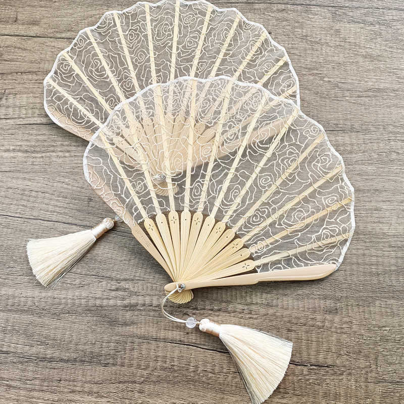 Buddha Stones Rose Embroidery Lace Shell Shape Tassels Handheld Bamboo Folding Fan - image 1