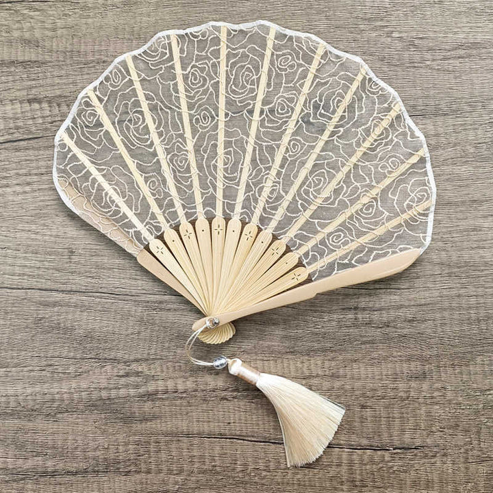 Buddha Stones Rose Embroidery Lace Shell Shape Tassels Handheld Bamboo Folding Fan - image 4
