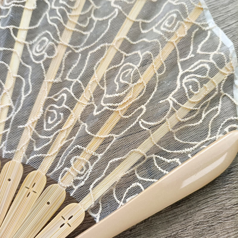 Buddha Stones Rose Embroidery Lace Shell Shape Tassels Handheld Bamboo Folding Fan - image 12
