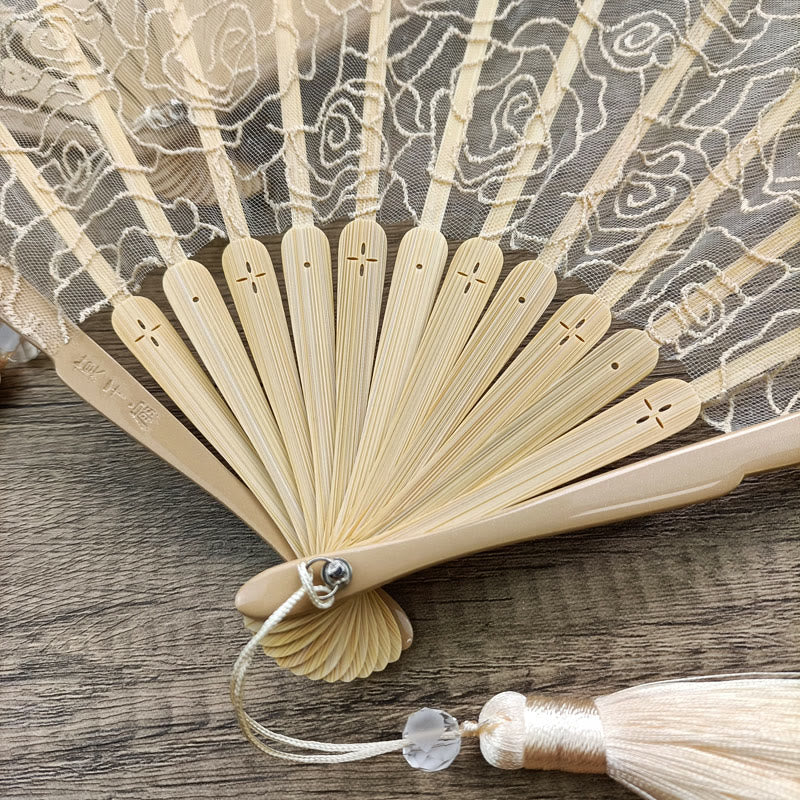 Buddha Stones Rose Embroidery Lace Shell Shape Tassels Handheld Bamboo Folding Fan - image 11