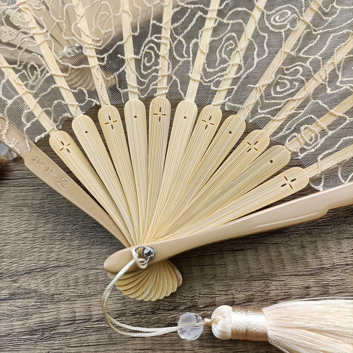 Buddha Stones Rose Embroidery Lace Shell Shape Tassels Handheld Bamboo Folding Fan - image 11