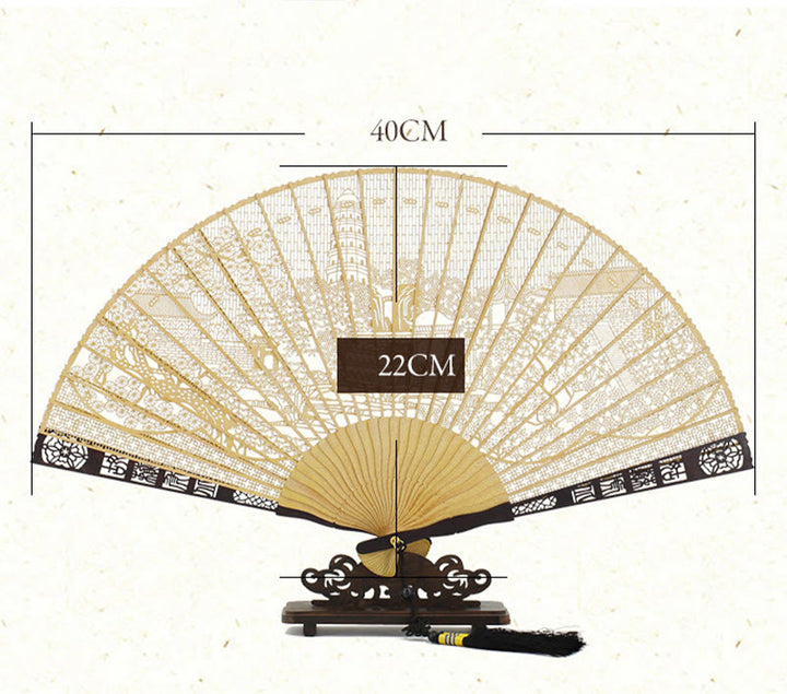 Buddha Stones Hollow Carving Suzhou Garden Tiger Hill Pattern Handheld Burmese Wood Folding Fan - image 2