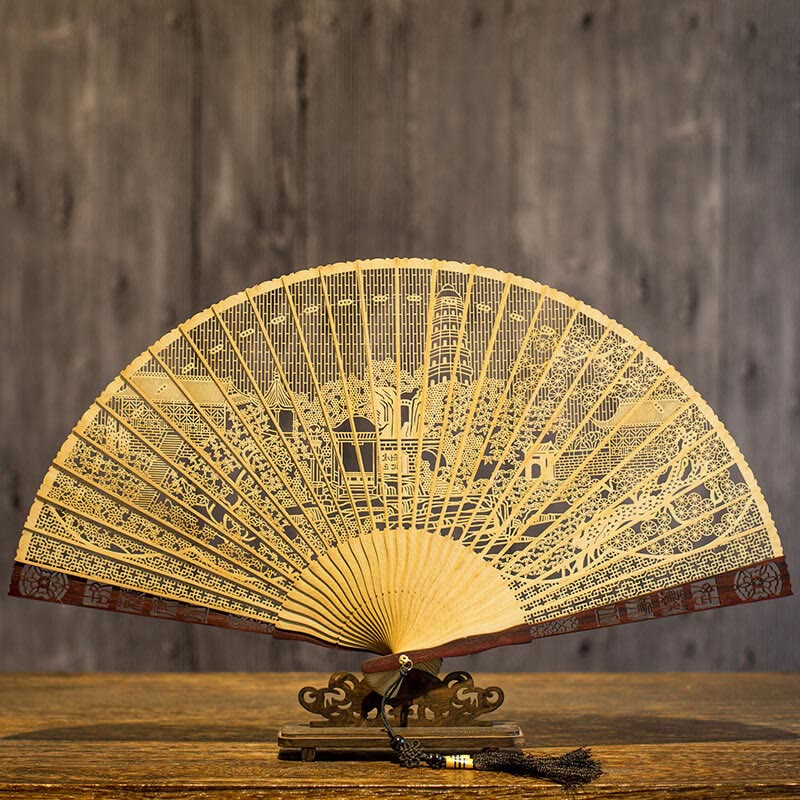 Buddha Stones Hollow Carving Suzhou Garden Tiger Hill Pattern Handheld Burmese Wood Folding Fan - Burmese Wood Suzhou Garden Tiger Hill 22cm(With Gift Box+Stand) - image 0