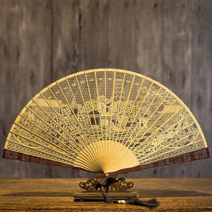 Buddha Stones Hollow Carving Suzhou Garden Tiger Hill Pattern Handheld Burmese Wood Folding Fan - Burmese Wood Suzhou Garden Tiger Hill 22cm(With Gift Box+Stand) - image 0