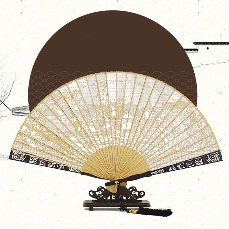 Buddha Stones Hollow Carving Suzhou Garden Tiger Hill Pattern Handheld Burmese Wood Folding Fan - image 1