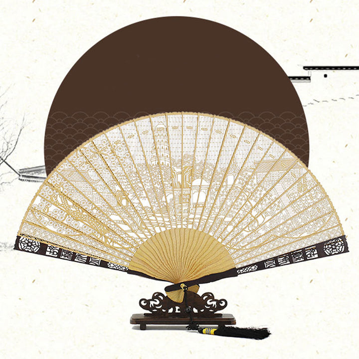 Buddha Stones Hollow Carving Suzhou Garden Tiger Hill Pattern Handheld Burmese Wood Folding Fan - image 1