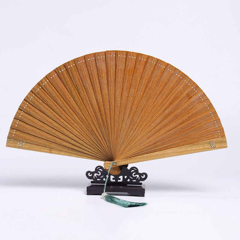 Buddha Stones Auspicious Clouds Crane Peacock Chang'e Moon Engraved Pattern Handheld Green Sandalwood Folding Fan - Green Sandalwood Dot Engraving 23cm(With Gift Box+Stand) - image 1