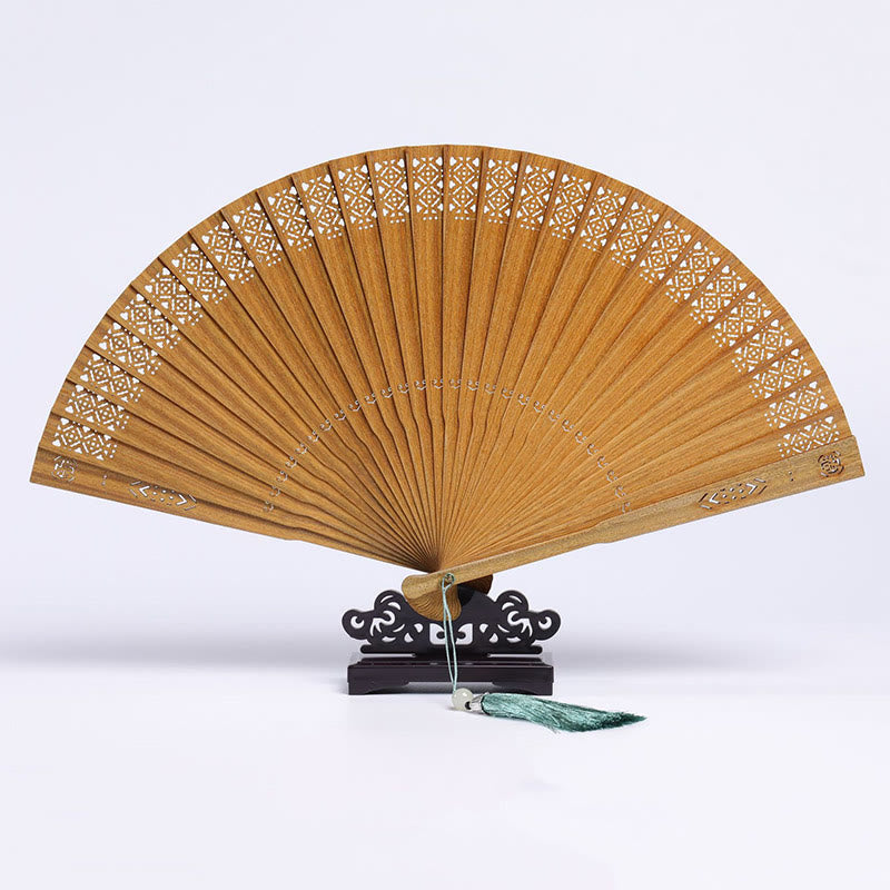 Buddha Stones Auspicious Clouds Crane Peacock Chang'e Moon Engraved Pattern Handheld Green Sandalwood Folding Fan - Green Sandalwood Geometric Engraving 23cm(With Gift Box+Stand) - image 0