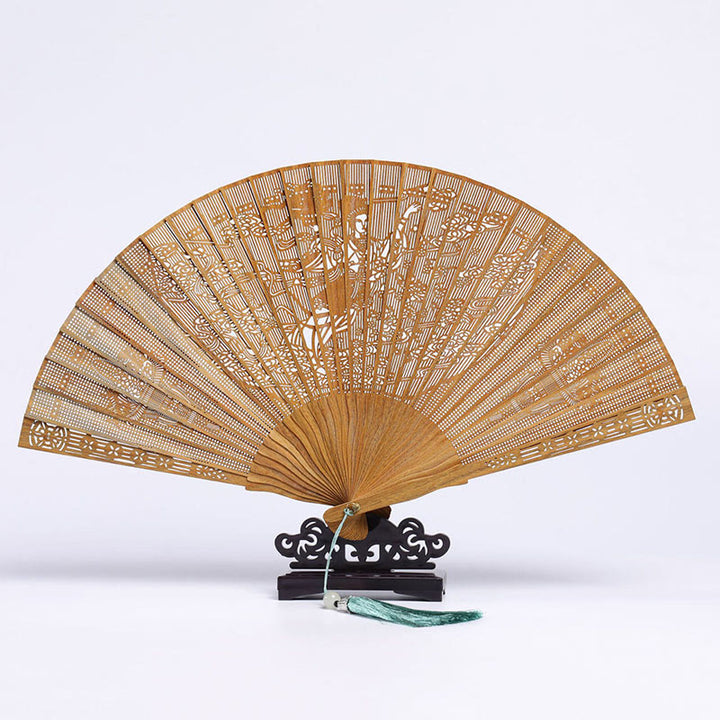Buddha Stones Auspicious Clouds Crane Peacock Chang'e Moon Engraved Pattern Handheld Green Sandalwood Folding Fan - Green Sandalwood Chang'e Moon Engraving 23cm(With Gift Box+Stand) - image 5