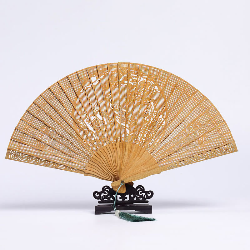 Buddha Stones Auspicious Clouds Crane Peacock Chang'e Moon Engraved Pattern Handheld Green Sandalwood Folding Fan - Green Sandalwood Crane Engraving 23cm(With Gift Box+Stand) - image 4