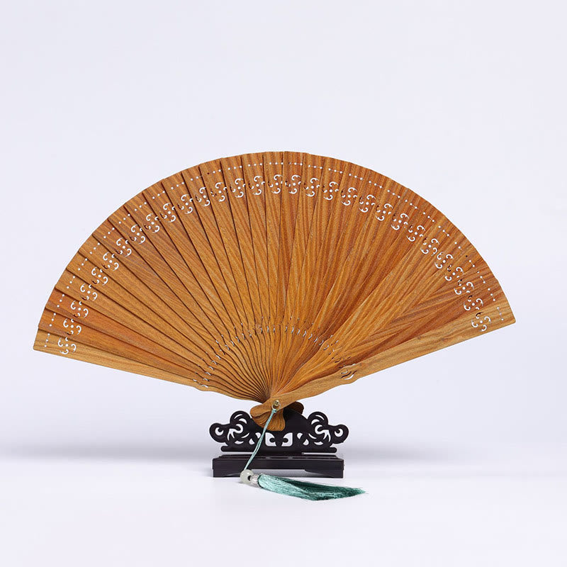 Buddha Stones Auspicious Clouds Crane Peacock Chang'e Moon Engraved Pattern Handheld Green Sandalwood Folding Fan - Green Sandalwood Auspicious Clouds Engraving 23cm(With Gift Box+Stand) - image 2