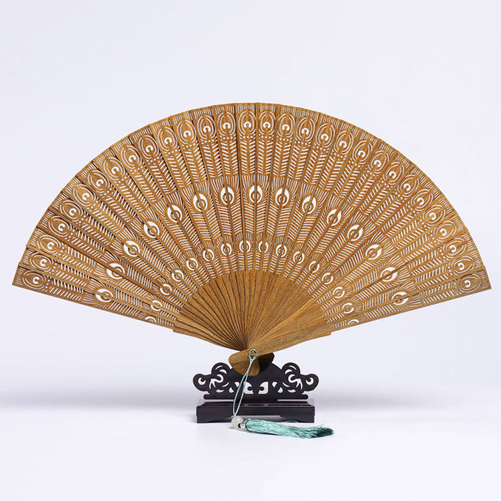 Buddha Stones Auspicious Clouds Crane Peacock Chang'e Moon Engraved Pattern Handheld Green Sandalwood Folding Fan - Green Sandalwood Peacock Engraving 23cm(With Gift Box+Stand) - image 3