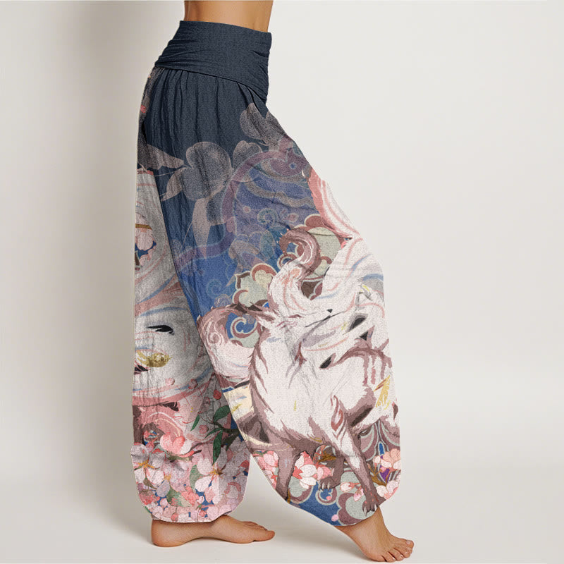 Buddha Stones Fox Cherry Blossoms Women's Elastic Waist Harem Pants - image 1