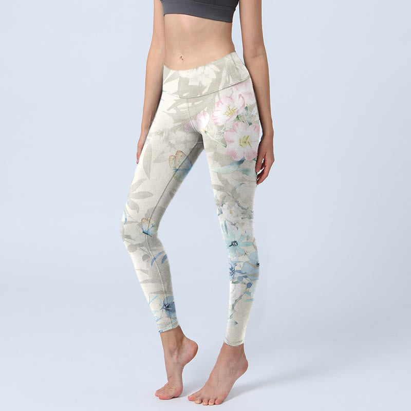 Buddha Stones Cherry Blossom Butterflies Print Gym Leggings Women's Yoga Pants - Beige - US18，UK/AU22，EU50 (4XL) - image 0