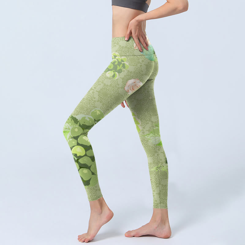 Buddha Stones Green Grapes Pink Roses Gym Leggings Women's Yoga Pants - image 2