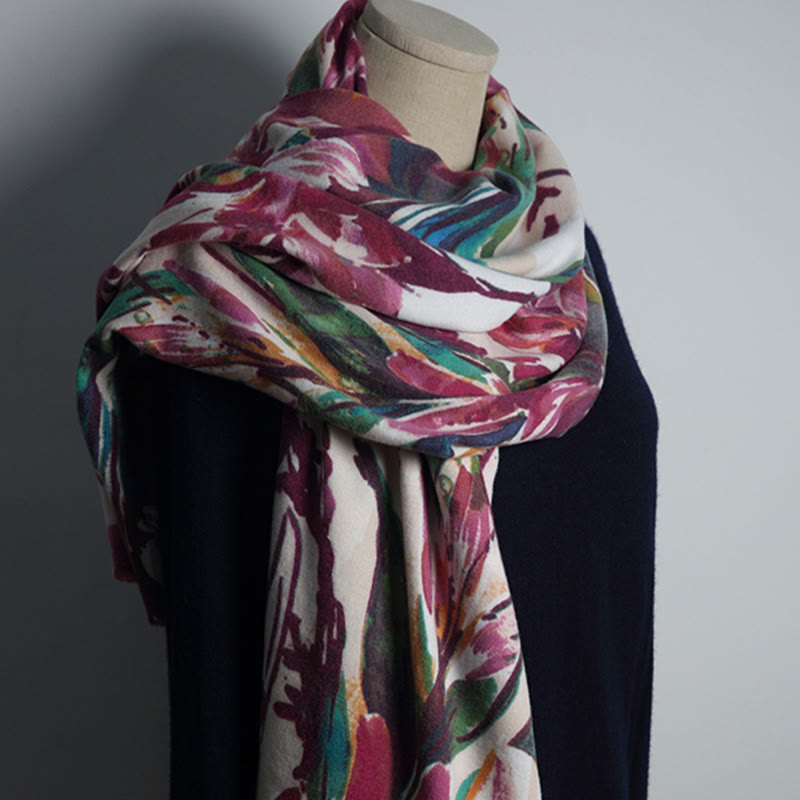Buddha Stones Tibetan Sweet Colorful Flower Print Shawl Fall Winter Soft Scarf Wrap - Beige MediumVioletRed 190*65cm - image 0