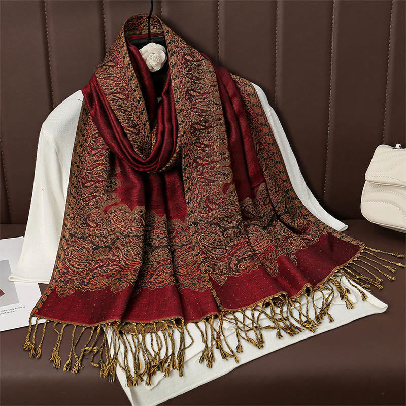 Buddha Stones Tibetan Cashew Jacquard Colorful Flower Print Tassels Shawl Fall Winter Soft Warm Scarf Wrap - FireBrick 190*70cm - image 4