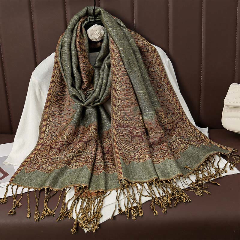 Buddha Stones Tibetan Cashew Jacquard Colorful Flower Print Tassels Shawl Fall Winter Soft Warm Scarf Wrap - LightGreen 190*70cm - image 7