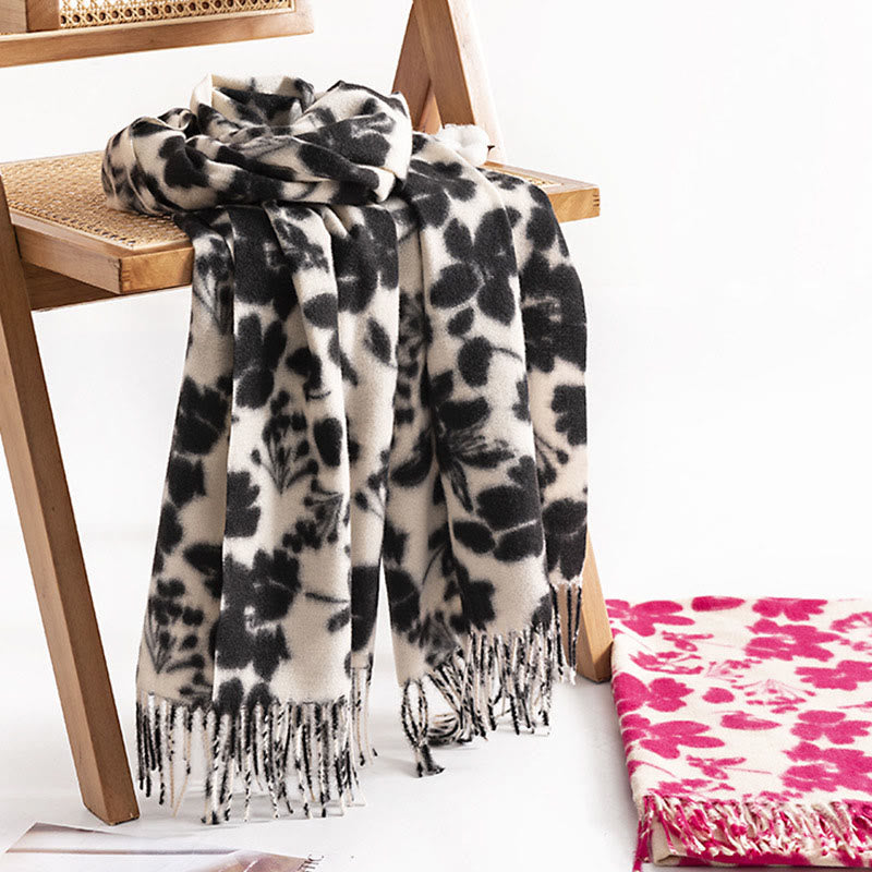 Buddha Stones Tibetan Rose Flower Branches Print Tassels Shawl Fall Winter Soft Warm Scarf Wrap - Black 180*65cm - image 0