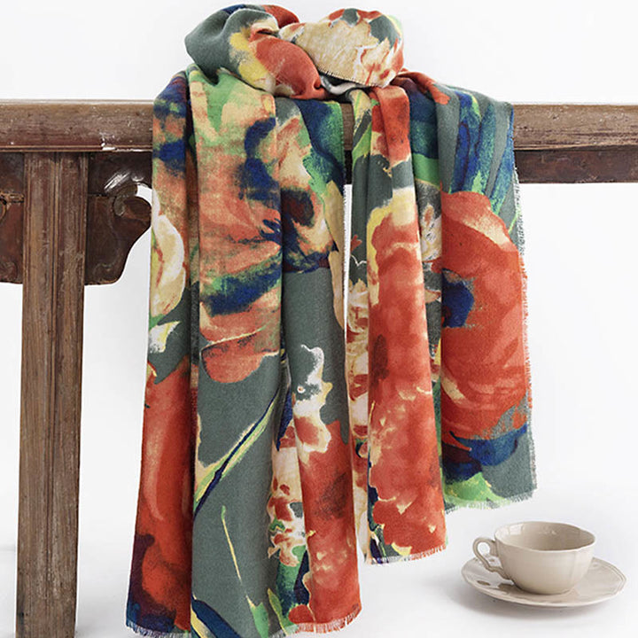 Buddha Stones Tibetan Chinese Retro Ink Painting Flower Print Shawl Fall Winter Cozy Warm Scarf Wrap - image 3