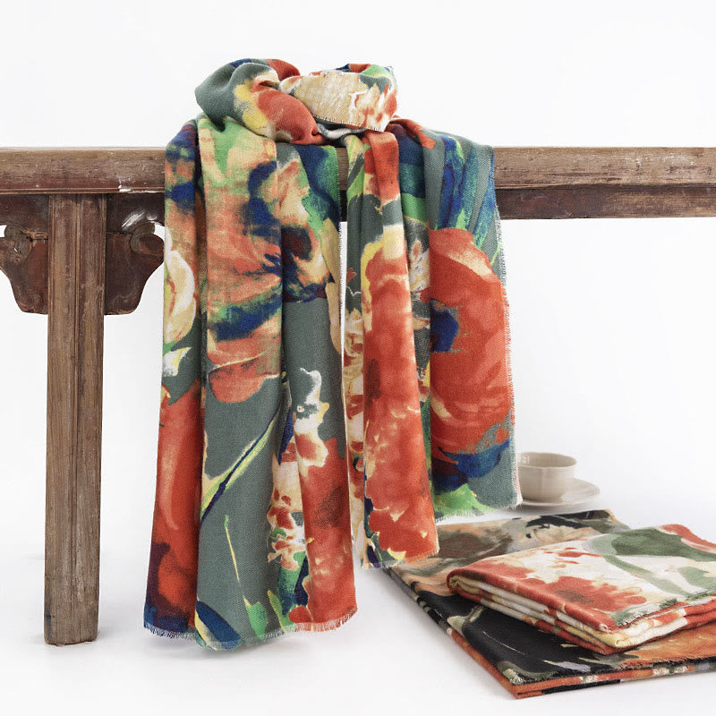 Buddha Stones Tibetan Chinese Retro Ink Painting Flower Print Shawl Fall Winter Cozy Warm Scarf Wrap - MediumSeaGreen 190*65cm - image 0