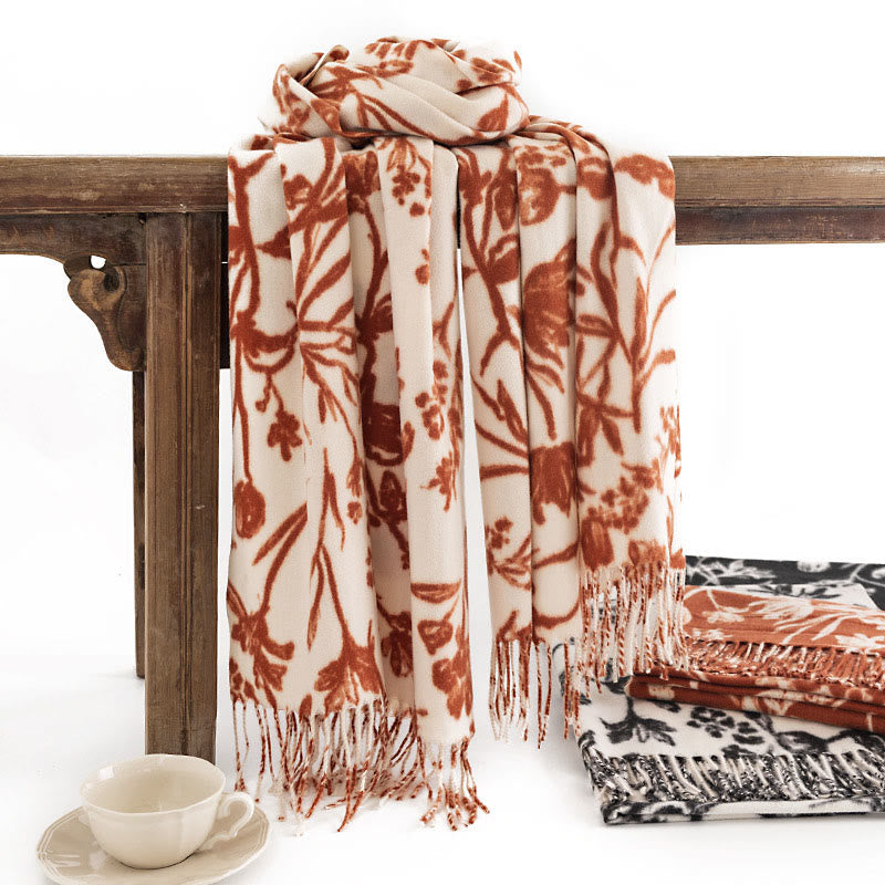 Buddha Stones Tibetan Shawl Blooming Flower Branches Print Tassels Fall Winter Cozy Warm Scarf Wrap - Beige 180*65cm - image 0