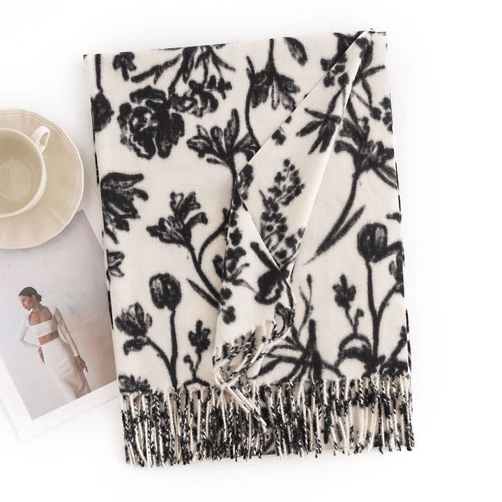 Buddha Stones Tibetan Shawl Blooming Flower Branches Print Tassels Fall Winter Cozy Warm Scarf Wrap - White 180*65cm - image 4