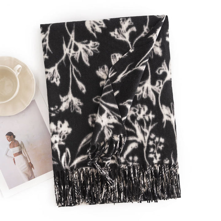 Buddha Stones Tibetan Shawl Blooming Flower Branches Print Tassels Fall Winter Cozy Warm Scarf Wrap - Black Downward Flower 180*65cm - image 6