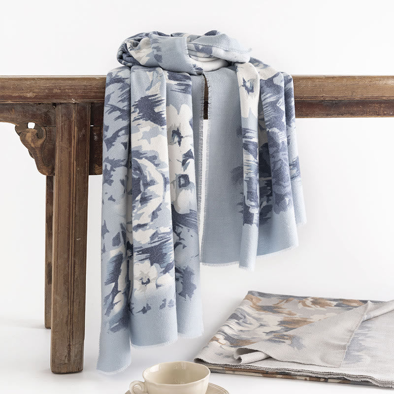 Buddha Stones Tibetan Shawl Ethnic Retro Rose Print Fall Winter Cozy Warm Scarf Wrap - LightSkyBlue 180*60cm - image 0