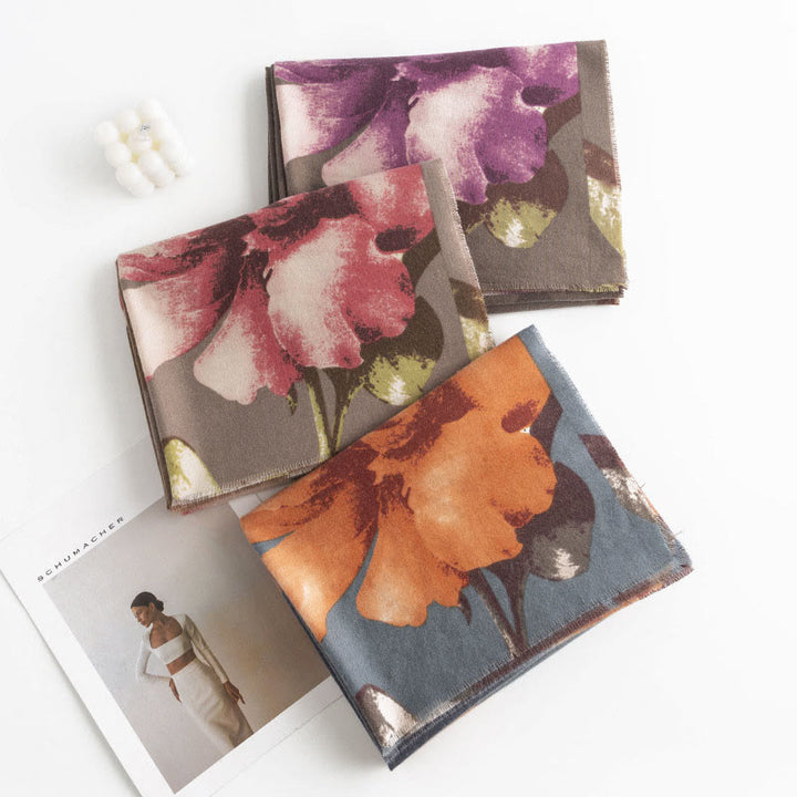 Buddha Stones Tibetan Shawl Artistic Style Hibiscus Syriacus Print Fall Winter Cozy Warm Scarf Wrap - image 1