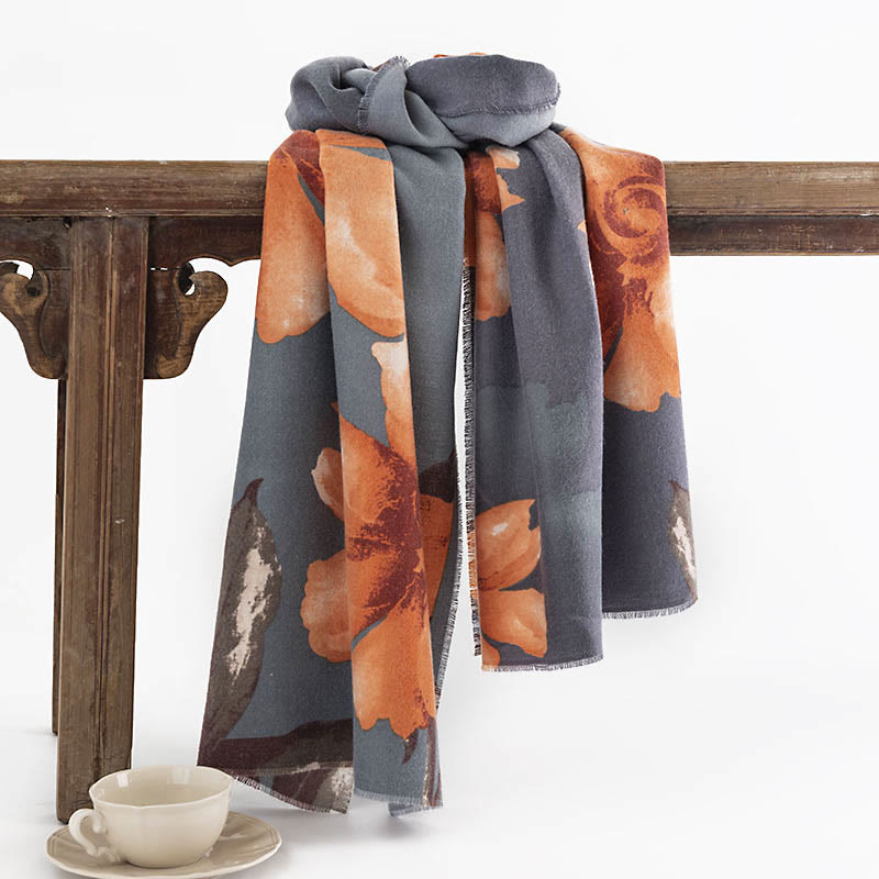 Buddha Stones Tibetan Shawl Artistic Style Hibiscus Syriacus Print Fall Winter Cozy Warm Scarf Wrap - SteelBlue 190*55cm - image 0