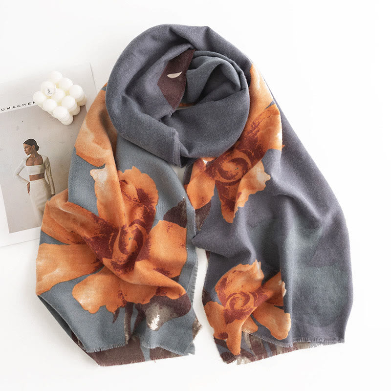 Buddha Stones Tibetan Shawl Artistic Style Hibiscus Syriacus Print Fall Winter Cozy Warm Scarf Wrap - image 2
