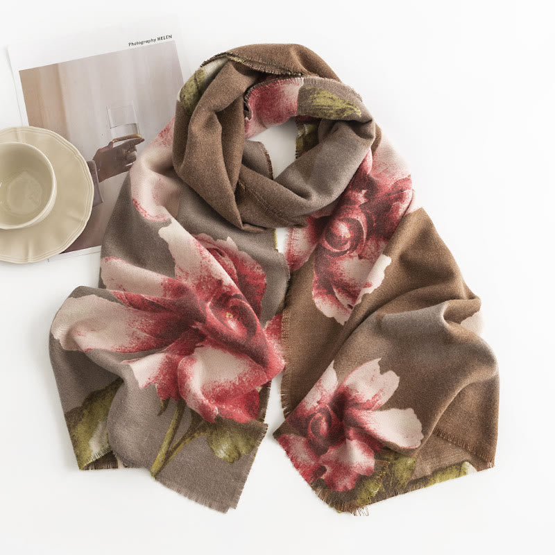 Buddha Stones Tibetan Shawl Artistic Style Hibiscus Syriacus Print Fall Winter Cozy Warm Scarf Wrap - DarkGoldenrod 190*55cm - image 9