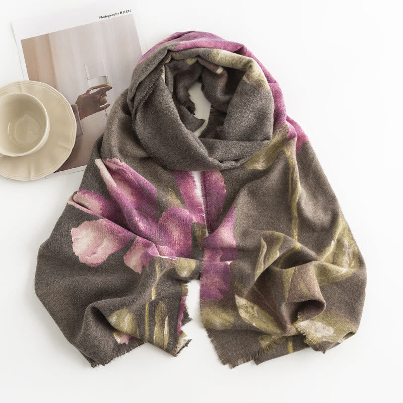 Buddha Stones Tibetan Shawl Artistic Style Hibiscus Syriacus Print Fall Winter Cozy Warm Scarf Wrap - DarkKhaki 190*55cm - image 11