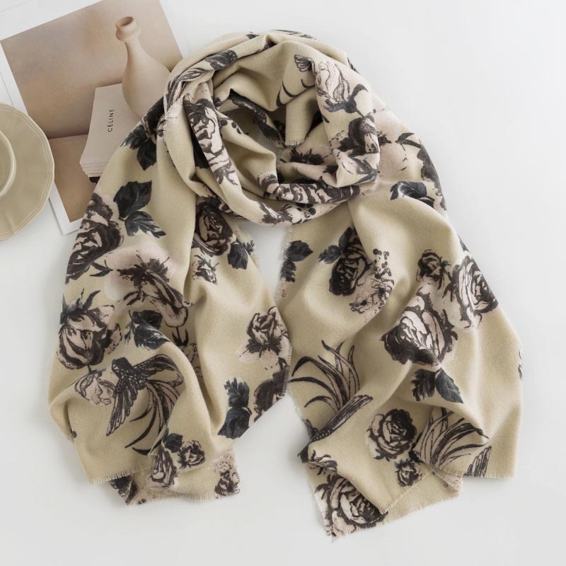 Buddha Stones Tibetan Shawl Garden Style Rose Flower Print Fall Winter Soft Warm Scarf Wrap - PaleGoldenrod 180*65cm - image 11