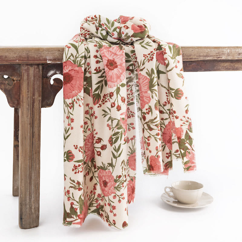 Buddha Stones Tibetan Shawl Elegant Sweet Style Big Flower Leaves Print Fall Winter Soft Warm Scarf Wrap - Beige 190*65cm - image 0