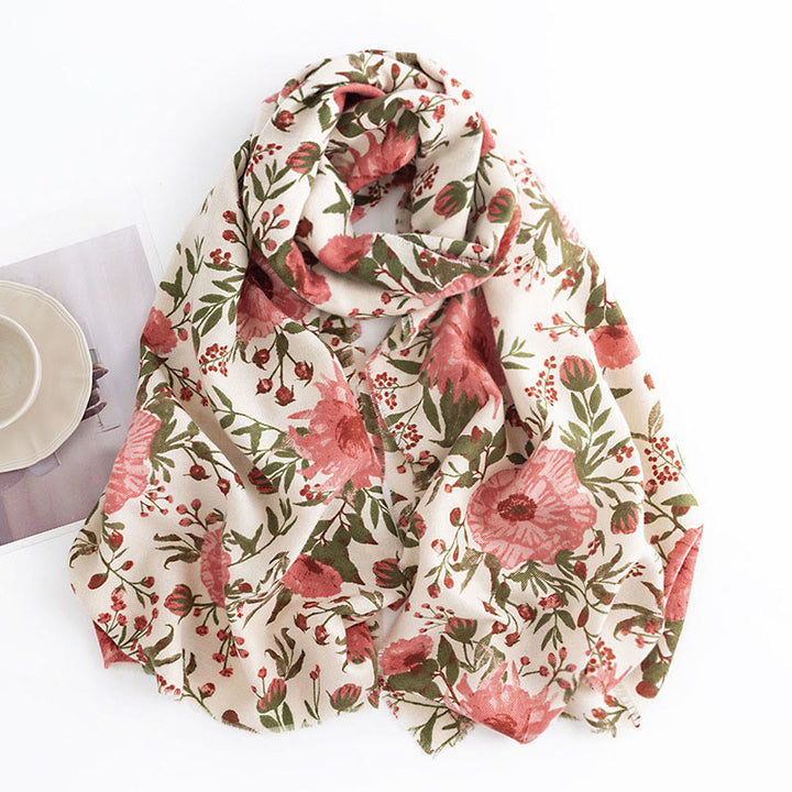 Buddha Stones Tibetan Shawl Elegant Sweet Style Big Flower Leaves Print Fall Winter Soft Warm Scarf Wrap - image 2