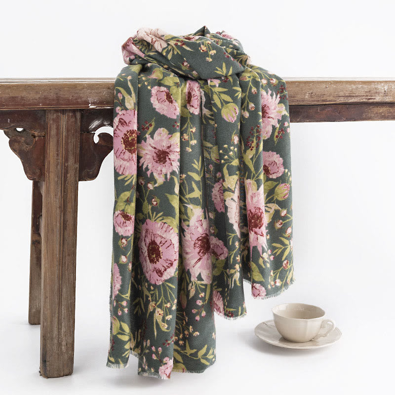 Buddha Stones Tibetan Shawl Blooming Flower Lush Leaves Print Fall Winter Soft Warm Scarf Wrap - MediumSeaGreen 190*65cm - image 0