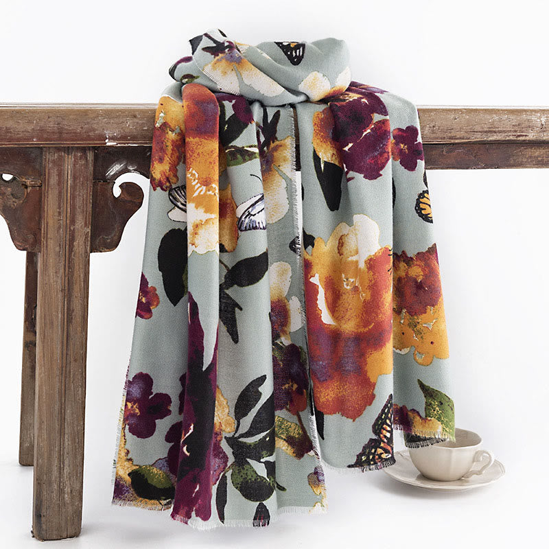 Buddha Stones Tibetan Colorful Butterfly Flower Print Shawl Fall Winter Soft Warm Scarf Wrap - PowderBlue 190*65cm - image 0
