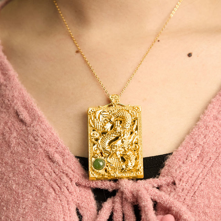 Buddha Stones Dragon Gold Plated Copper Hetian Jade Strength Necklace Pendant - image 3