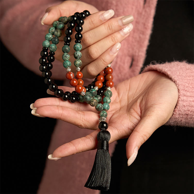 Buddha Stones 108 Mala Natural Black Onyx Red Jasper Turquoise Beads Buddha Head Tassel Protection Bracelet - image 2