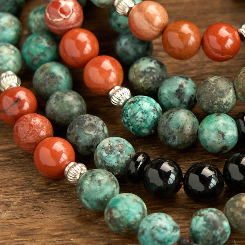 Buddha Stones 108 Mala Natural Black Onyx Red Jasper Turquoise Beads Buddha Head Tassel Protection Bracelet - image 5