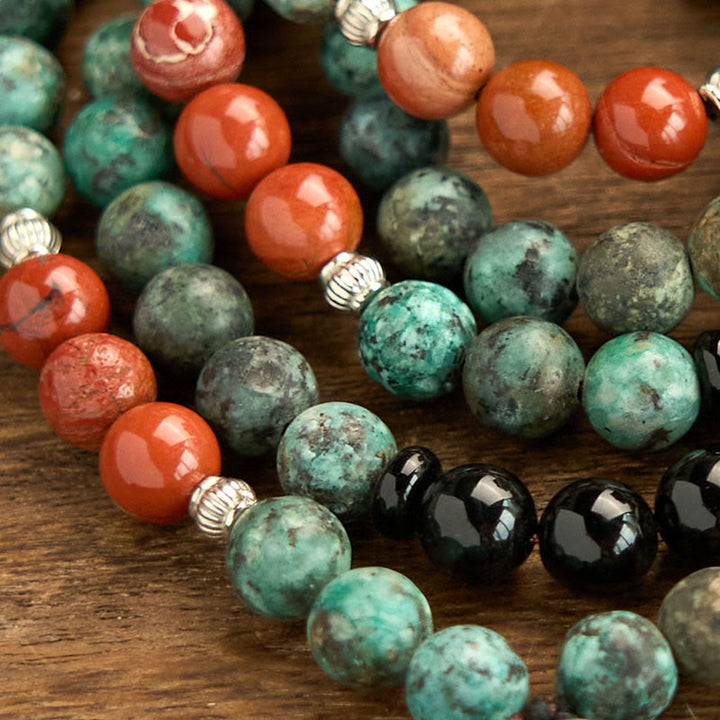 Buddha Stones 108 Mala Natural Black Onyx Red Jasper Turquoise Beads Buddha Head Tassel Protection Bracelet - image 5
