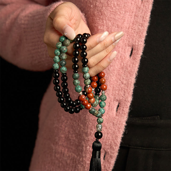 Buddha Stones 108 Mala Natural Black Onyx Red Jasper Turquoise Beads Buddha Head Tassel Protection Bracelet - image 4