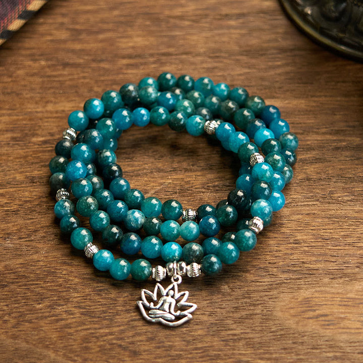 Buddha Stones 108 Mala Beads Apatite Bead Om The Tree Of Life Lotus Buddha Bracelet - Apatite-Lotus - image 11