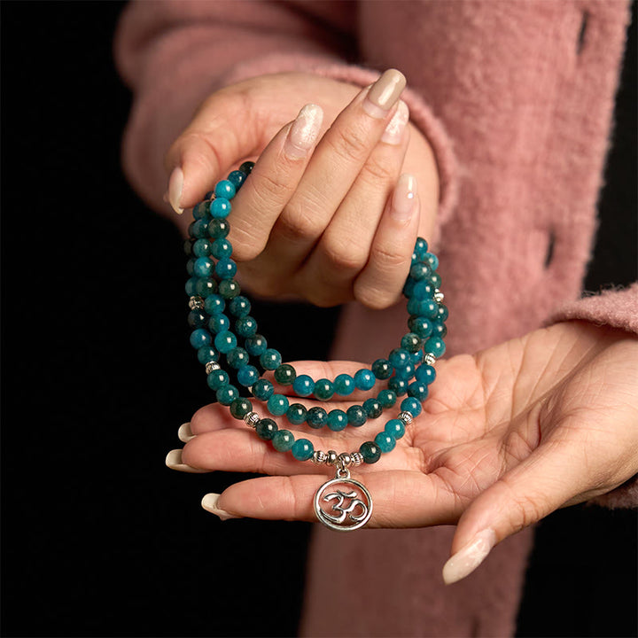 Buddha Stones 108 Mala Beads Apatite Bead Om The Tree Of Life Lotus Buddha Bracelet - image 2